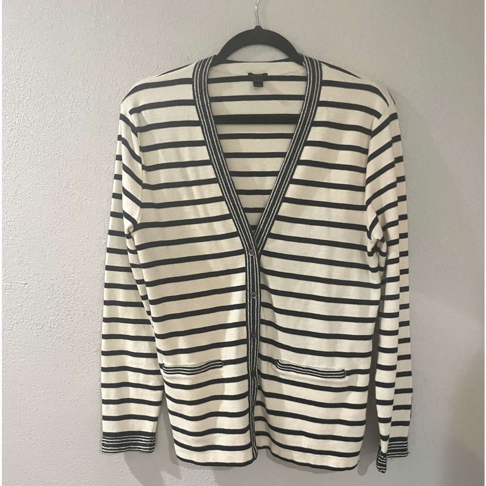 J Crew navy and cream metallic striped cardigan
